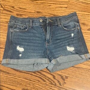 Blue Jean Shorts with Distressed Details and Cuffed Hem